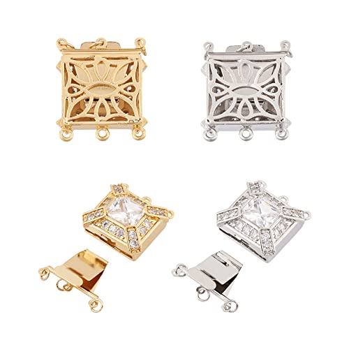 4 set messing Cubic Zirconia Rechthoekige doos Clasps Platinum Gold 3-Strand Connectors Clasps voor armband ketting sieraden maken DIY componenten 25x21.5x7mm
