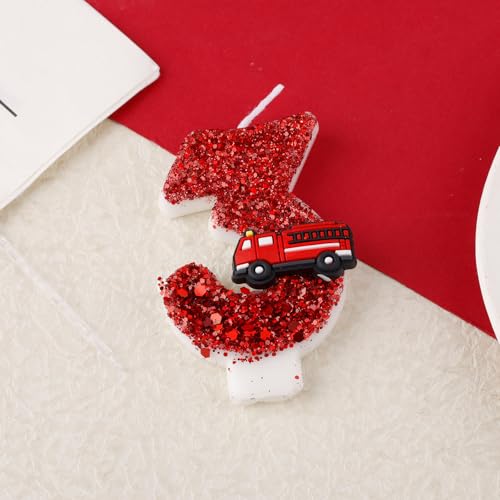 Verjaardagskaars figuur, rode pailletten Brandweerwagen Gefeliciteerd. Candle Cake Topper Cijfers voor jongens meisjes brandweerman mijl verjaardagen anniversaries brandweer thema feest (3) 3