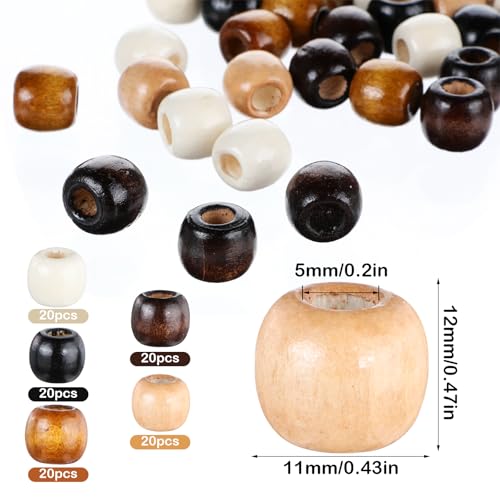 100 natuurlijke houten kralen, 5 kleuren, grote gaten voor crafting, dreadlocks, macrame en sieraden maken