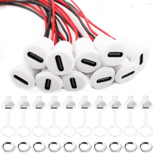 Verpakking van 10 USB C Socket, 5 V, 3 A, 2 Pin met stofhoesjes en Noten, 2-Wire USB C Solderen, Ingebouwde Socket met PD-functie, 150 mm, 24 AWG Wires, Wit