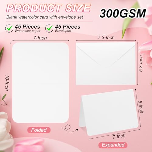 45 Sets Pure Cotton Aquarel Kaarten 150 lbs/300 g/m2 Ansichtkaarten Afgeronde Hoeken met Enveloppen voor Kunst Schilderen Creatieve Dank u Notes, 15 x 18cm Opvouwbare Maat (Witte Doos)