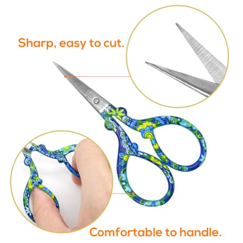Kleine borduurschaar, 2 stuks Roestvrij staal Craft Schaar voor Naaien, Threading, Ambachten, Ambachten, Trimmen met Faux Lederen Schaar Cover(Blue+Flower) 3