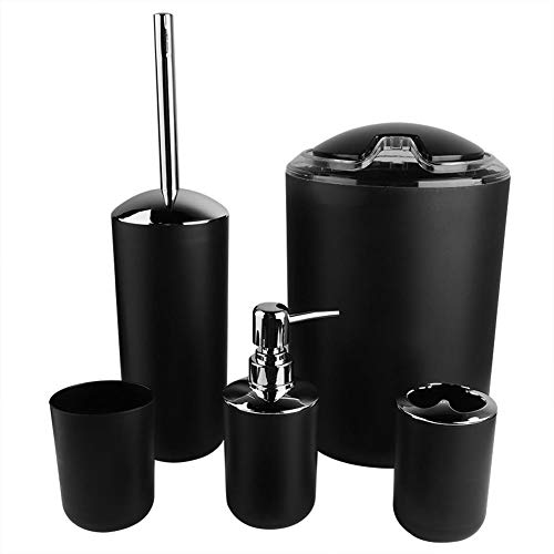 Badkamer Accessoires Set, 6 stuks, Zeepdispenser, Zeepbakje, Tandenborstelhouder, Aanrechtbeker, Toiletborstelhouder, Prullenbak, Badkamer Set (Zwart)