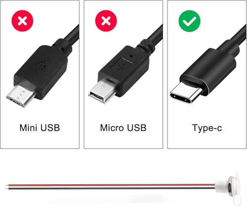 Verpakking van 10 USB C Socket, 5 V, 3 A, 2 Pin met stofhoesjes en Noten, 2-Wire USB C Solderen, Ingebouwde Socket met PD-functie, 150 mm, 24 AWG Wires, Wit