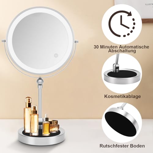 Cosmetische spiegel met verlichting, spiegel met verlichting, 1X/5X vergroting met LED-verlichting, 3 kleurenverlichting, USB Oplaadbaar, 360° Draaitafel/bureauspiegel 4