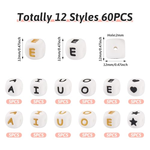 60 st Siliconen brief kralen A-E-I-O-U, 12 mm vierkant, 5 st/stijl, gemengde kleur, Perfect voor DIY Sieraden maken 4
