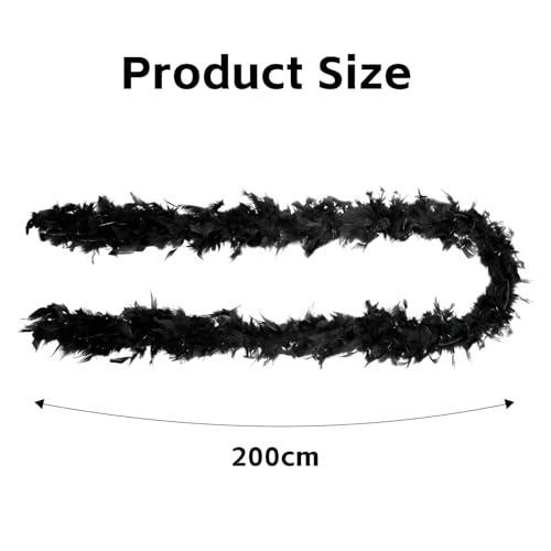 Zwarte veer boa, lengte ca. 200 cm, pluizige veer boa, zwarte veer boa, zwarte veer sjaal, kostuum dames accessoire set voor 1920s stijl, ideaal voor carnaval, Halloween of thema feesten