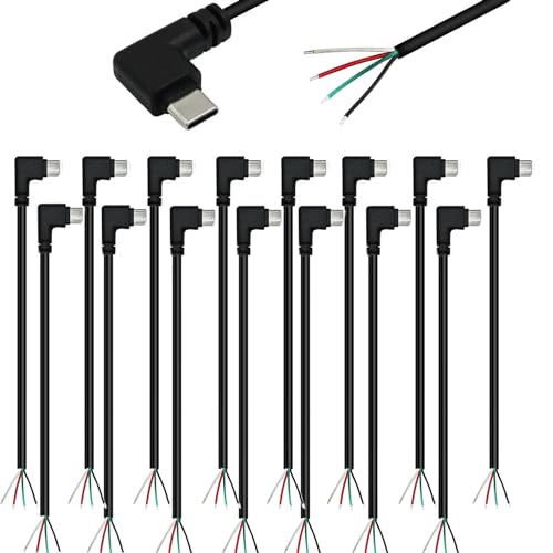 15 stuks USB C stekkerkabel, 90 graden, USB C stekker, soldeer 28 AWG, 5V/3A, 4-draads USB C uitbreidingskabel voor geïnstalleerde USB-C apparaten of vervangende reparatie DIY kabel