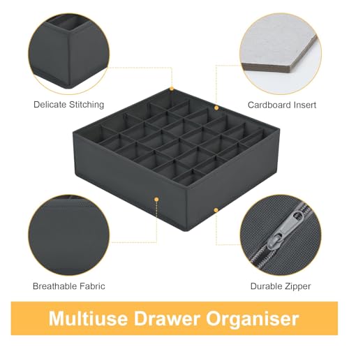 Verpakking van 4 Opbergdozen voor sokken en ondergoed, 24 Compartiments, Opvouwbare dozen (Opvouwbare doos, Lade Divider, Lade Organizer, Fabric Boxen voor het opslaan van sokken (Dark Grey) 3