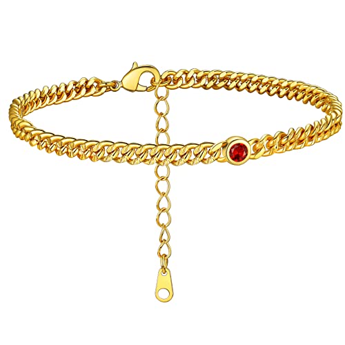 Gouden ronde hart enkel armband met geboortesteen voor vrouwen, 12 maanden Sparkling Crystal Enkelband Anniversary sieraden voor haar, verjaardag ketting voor moeder dochter, steen, synthetische robijn