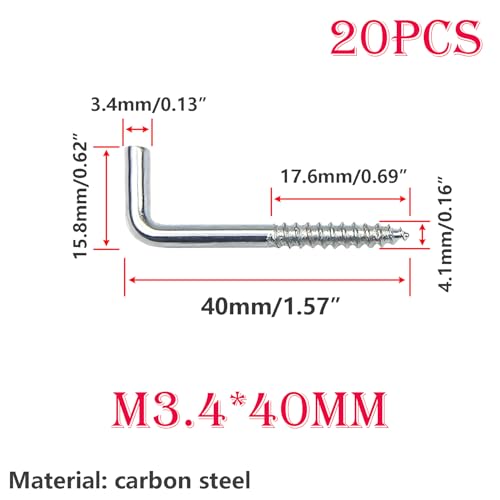Verpakking van 20 schroefhaken, rechthoekige schroeven, M3.4 x 40 mm L vormhaakschroeven, wandhaakschroeven, schroeven voor opknoping