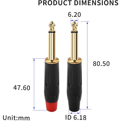 1/4" Audiopluggen 6.35mm Plug TS Man 1/4" Solder Type Mono Plug voor DJ Mixer Speaker Kabels Gitaar Kabels Phono Patch Kabelmicrofoonkabels (4 Pack)
