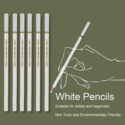 6Stuks White Charcoal Potlood Set, White Art Potlood Sketch Highlight Potlood voor artiesten Zwarte Papier Tekening Schetsen Illustratie Deisgn 3