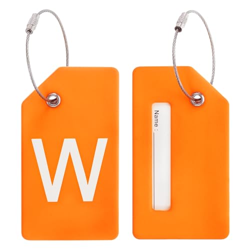 Initial Bagage Tags, 2 stuks Siliconen geval Tag ID kaarthouder Unieke Bagage Naam Tags met roestvrij staal lus, brief W, oranje