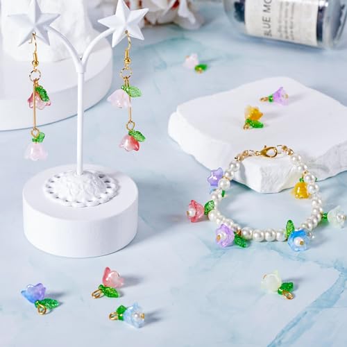 42 st. Transparante Lily Glazen Hangers met Parels Sprayed Helder Bloemen Blaadjes Bedels met Leaf voor DIY Handgemaakte oorbellen Ketting sieraden maken, Glas 5