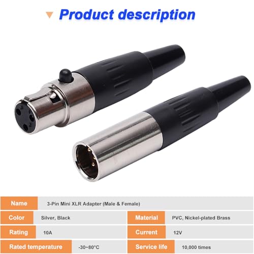 3 Pin Mini XLR Plug, TA4F Jack en TA4F Plug Adapter Plug, Mini XLR Plug, Vervanging Audio Plug voor Microfoon (6 Pack)