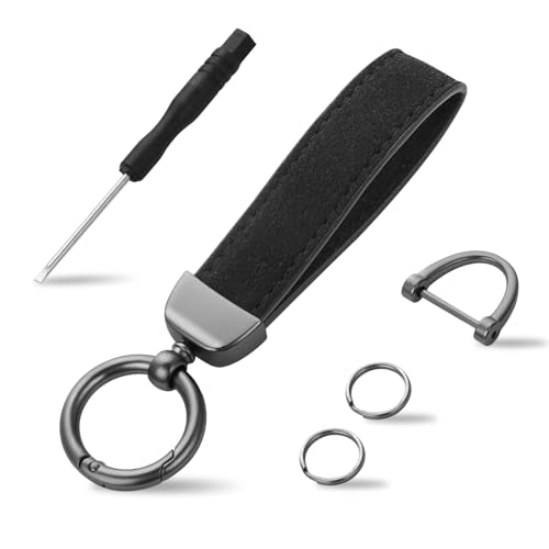 Lederen autosleutelhanger, Universele lederen sleutelhanger Type O en D, Autosleutelhanger voor vrouwen, Mannen (met 2 sleutelhangers en 1 schroevendraaier), Zwart