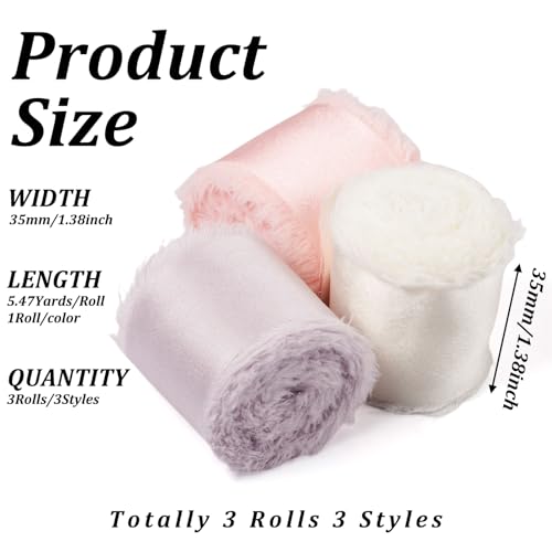 3 Rolls Polyester Gefraaid Fringe Ribbon 35mm Raw Edge Satin Ribbons voor bruiloft uitnodigingen Bruids Bow Bloem Boeketten Cadeaus Verpakking