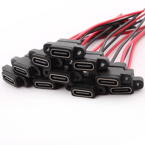 Pak van 10 waterdichte USB-C socket, 2-draads ingebouwde Type-C aansluiting, USB-C connector voor paneelmontage, 3A, snel opladen Type-C aansluiting, USB-C pigtail kabel, USB-C plug naar