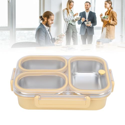 Lunchbox van roodvrij staal, 1,2 l, verwarmde zakken met 3 verdeelde lunchzakken, rechtshoekige voedercontainer voor snacks, sandwiches, fruit, (geel) 5