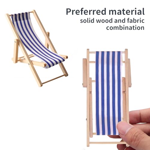 Miniatuur Strandstoel Set van 2 Miniatuur Strandstoel Decoratie Houten Mini Lounger Decoratie Klein Opvouwbaar Strand Micro Landschap Blauw Wit Stof Zitplaats 11 x 5 cm 3