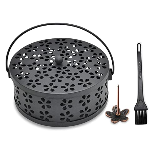 Mosquito Coil Holder, Citronella Spiral Coil Incense Burner met deksel handvat Classic metalen Incense Stick Holder voor Home Garden Indoor Outdoor, met schoonmaakborstel (zwart)