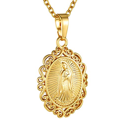 Sieraden Oval Miraculous Locket ketting, Onze Lieve Vrouw van Genade, Filigree Rand hanger, Maagd Maria, religieuze sieraden voor vrouwen en mannen, Kopergoud roestvrij staal, Kopergoud roestvrij staal