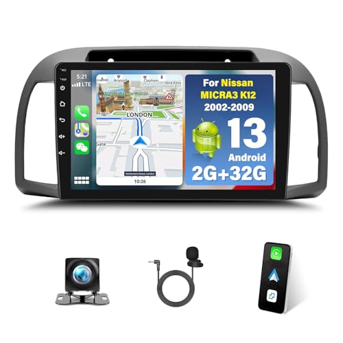 2G + 32G Android 13 Autoradio voor Nissan MICRA K12 2002-2009 met Carplay Android Auto 9 inch scherm met Bluetooth spiegel Link WiFi GPS SWC FM/RDS radio achtercamera microfoon