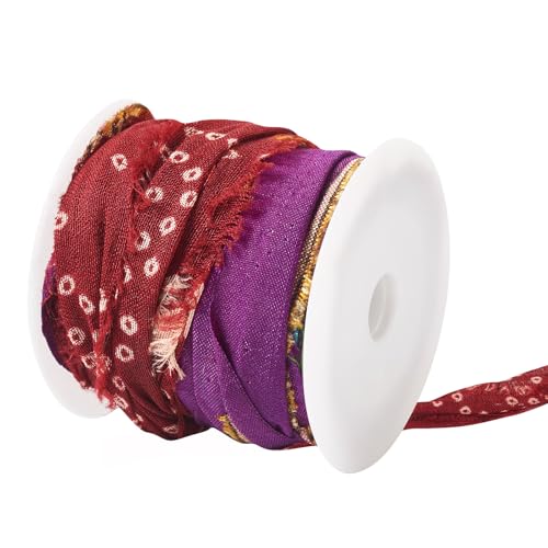 5.4m Gerecycled Sari Silk Ribbon Stof garen Ribbon Tassel voor het breien DIY Naaihaken Vrouwen armband Macrame Craft Ketting Borduren Kerstmis Decoratie (Klassieke kleur)