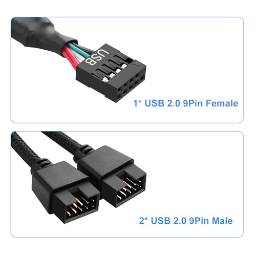2 Pack Moederbord USB 2.0 9Pin Header Splitter 9 Pin USB 2.0 Vrouw naar Dual 9 Pin Male Header Cable Nylon Braided (Zwart) 4