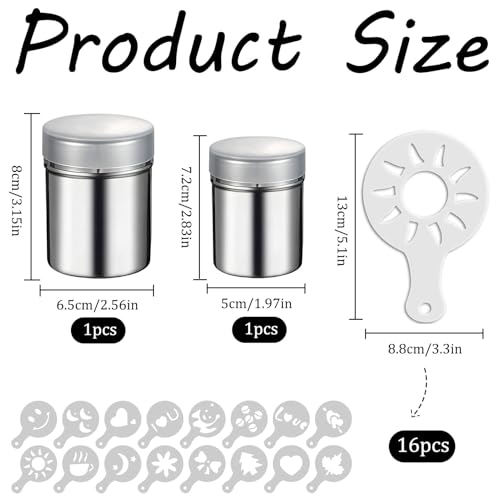 Poedervormige suikershaker Roestvrij staal voor Cappuccino, bloemshaker met deksel, cacaoshaker voor koffie, bakken, koken, gebak, met 16 patronen