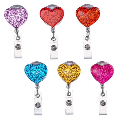 12 stuks 6 kleuren intrekbare badge-rollen, ID-badhouder met bling hart ontwerp, glitter badgeclip voor verpleegkunde, artsen, werknemer naamplaat, 11,5 cm