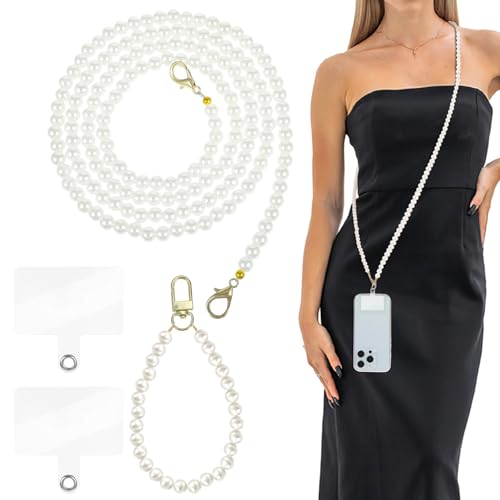 2 stuks Pearl Phone Chain, Anti-Lose Phone Chain, Universal Mobile Phone Chain, Phone Cord, Hand-free Phone, Polsband, Verwijderbare Crossbody Phone Chain met 2, Wit