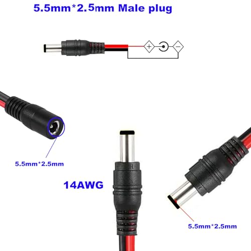 2st 14 AWG 12V 5.5mm x 2,5mm DC Power Pigtail Kabel, 5525 DC Power Jack Barrel Connector voor beveiliging thuis, bewakingscamera en Party Lighting (1m) 3