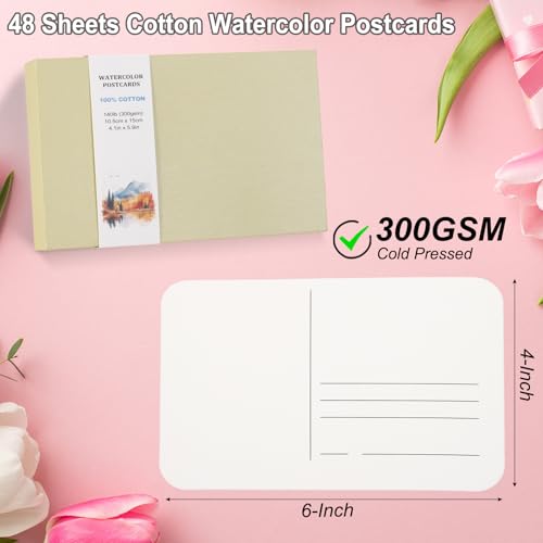 48 Vellen Aquarel ansichtkaarten, 100% Katoen 100 x 15cm Blanco afgeronde hoeken Aquarelpapier Postkaarten Koud geperst voor het versturen van kunst Schilderen Tekenen, 150 lbs/300g/m2 (Beige Box)