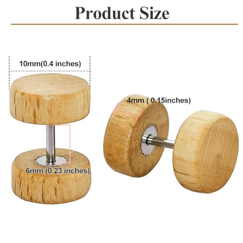 Heren Stud oorbellen, 3 paar houten Stud oorbellen, Ronde Gaten Set, Roestvrij staal, Oorbellen, Naalden, Fake Studs, Oorbellen voor mannen en jongens, 10mm, Hout, Hout 4