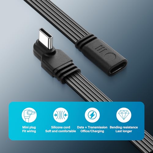 USB C 2.0 Uitbreiding Kabel Type-C Flat Siliconen Kabel Type C 90° Elleboog Man tot vrouw Data Cord, Efficiënt laden en gegevensoverdracht voor mobiele telefoons, stroombanken en 4