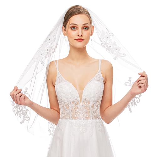 Korte bruiloft Veil met Rhinestone Diaper, Elegant bruidssluier met Comb Elbow lengte bruiloft Veil Floral borduren Veil voor vrouwen bruiloft accessoires partij apart partij,Witte,Een, Wit 4