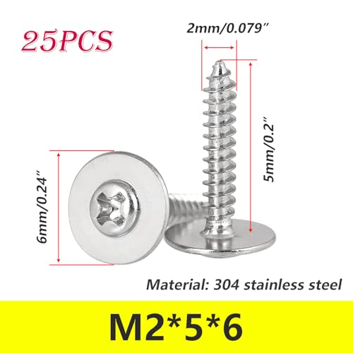 25 st Houtschroeven, M2 x 5 x 6 mm Zelftappende Schroeven, Roestvrij stalen Phillips Hoofdschroeven voor Plastic, Hout