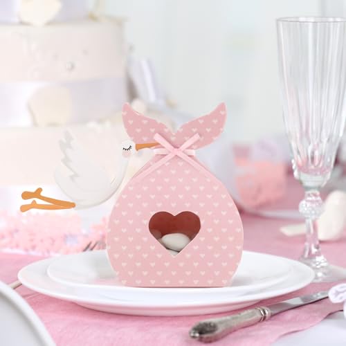 Verpakking van 50 Holk Cadeaudozen voor Geboortemeisjes - Pink Stork Cadeaudoosje met lint Cadeauverpakking Decoratie voor Party, Geboorte, Doop, Verjaardag, Meisje 5