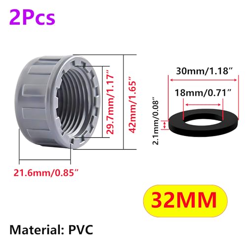 2 Pack Female Thread Pipe Fitting Cap, 32mm Montage Blanking Cap, PVC Blanking Stop Cap, Waste Pipe Blanking Cap wity Wasmachine