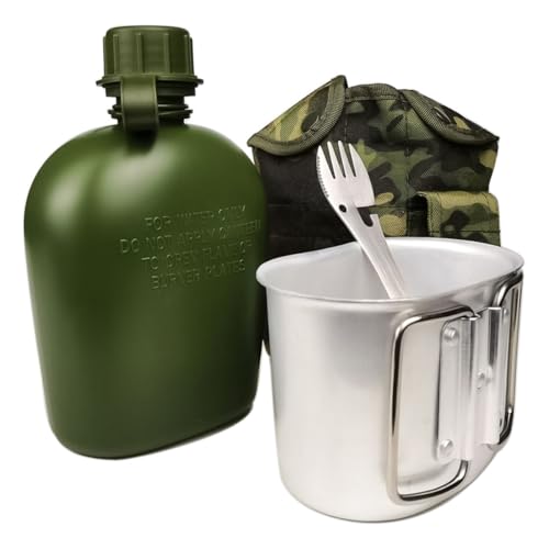 Sea Army Waterfles set Militair Water Kantine Camping Kantine Kit met 1L Waterfles Opvouwbare aluminium Militaire Kantine met handvat Opbergzak