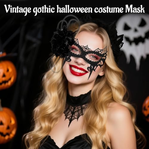 Vintage Masquerade Mask voor vrouwen met Zwarte Bloem Voel Halloween Costume Black Spider Web Halloween Masker 1920s Party Cosplay Ball 3