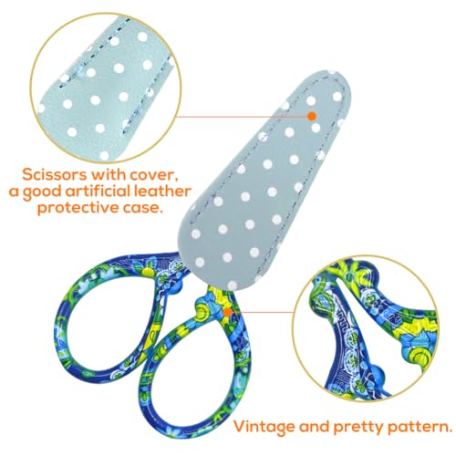 Kleine borduurschaar, 2 stuks Roestvrij staal Craft Schaar voor Naaien, Threading, Ambachten, Ambachten, Trimmen met Faux Lederen Schaar Cover(Blue+Flower) 4