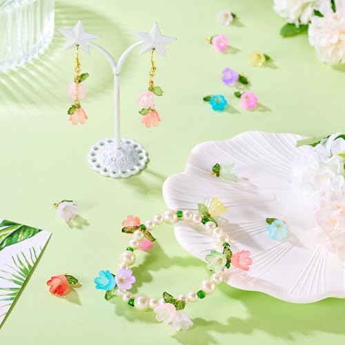 50 st Lily Flower Charms Lily van de Valley Dangle Charms Bell Bloem met blad acryl hangers Bulk voor sieraden Craft ketting sleutelhanger armband DIY, acryl metaal, Nee 3