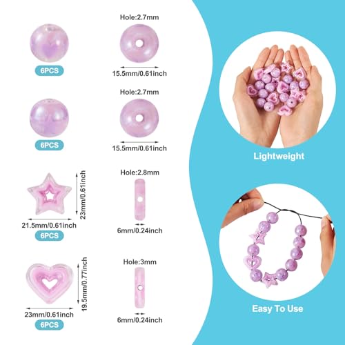 24st Paarse ster en hart Acryl kralen Ronde met ster patroon Spacer kralen Holle ster / hart kralen in kralen voor DIY armband ketting sieraden maken 4