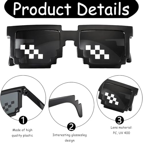 Pixel glazen Pack van 3 Pixels Mozaïek glazen Grappige glazen Party glazen Grappige zonnebril Thug Life Glazen Cool zonnebril voor Party Fancy Dress Photo Props Black Unisex 3