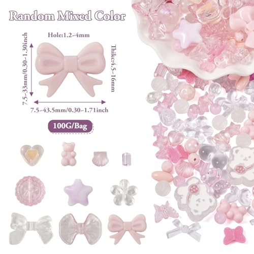 100g Diverse acryl kralen roze hart Bow Bear bloem lose kralen leuke ronde ambachtelijke kralen Bulk voor armband ketting sieraden maken 3