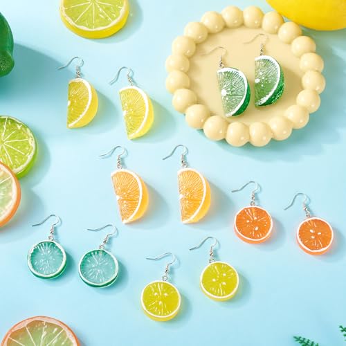 6 paar 3D Fruit oorbellen voor vrouwen Oranje citroen lime drop bengelen oorbel imitatie voedsel hars sieraden voor mode ambachtelijke verjaardag partij accessoire, 46-60mm lang, hars metaal, Geen edelsteen 4