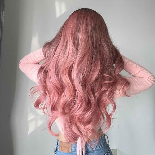 Rode kant voorkant pruik, roze kant voorkant pruik met haar, roze kleur, cosplay pruiken, roze pruik, roze kant voorkant pruik, diepe golf, krullen